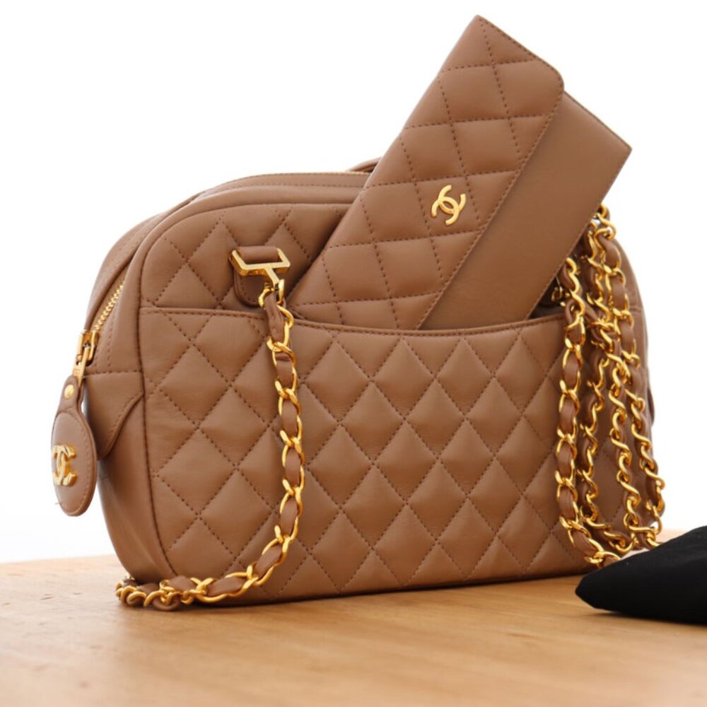 Authentic Chanel NEW quilted camel leather brown lambskin tote with wallet